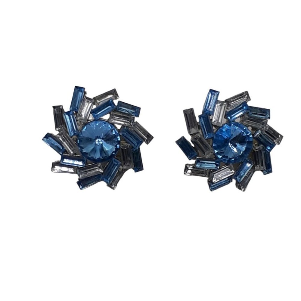 Vintage Costume Jewelry Clip On Earrings Crystal Baguettes Blue Clear Spiral